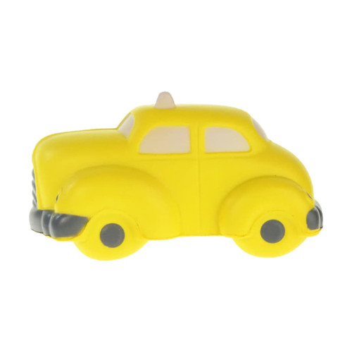 A yellow taxi-shaped stress reliever with black detailing and a roof light. It features a simple design and has a logo.
