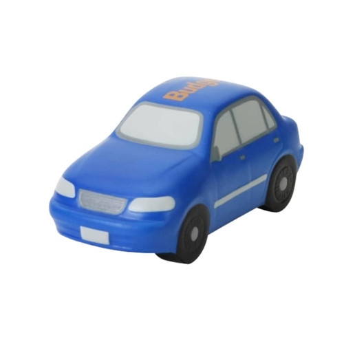 A blue sedan car-shaped stress reliever with black wheels and a logo on the roof.