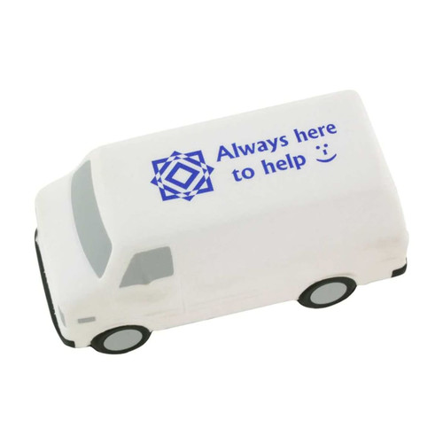 A white van-shaped stress reliever with a blue logo and text, featuring black wheels.