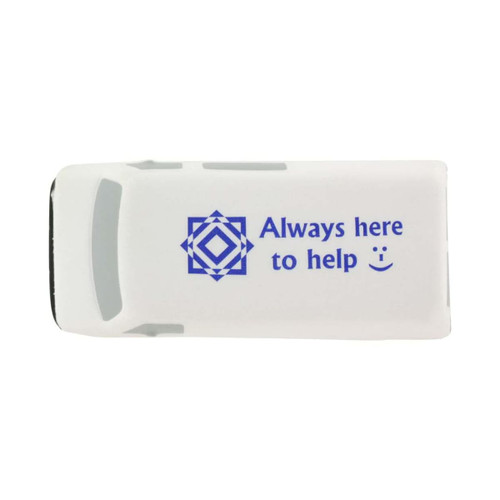 A white van-shaped stress reliever with a blue logo and text. Ideal for stress relief and fun.