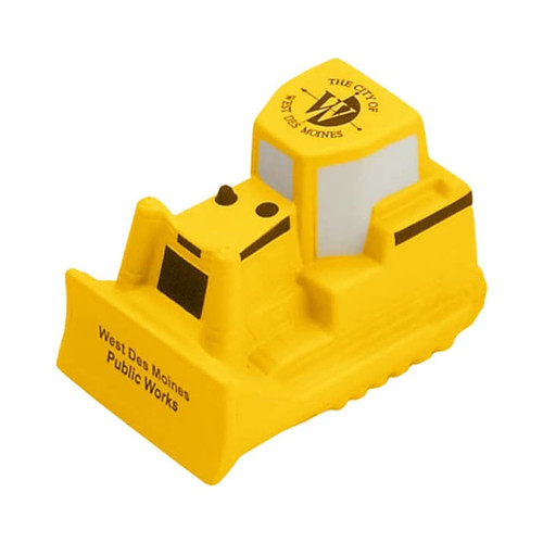 A yellow bulldozer-shaped stress reliever with a branding logo and a detailed design.