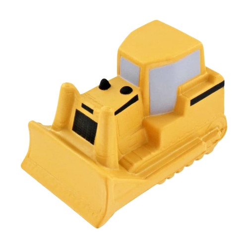 A yellow bulldozer-shaped stress reliever with detailed features, including a black grille and windows.