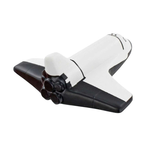 A white and black shuttle-shaped stress reliever with a logo, designed for stress relief and fun.