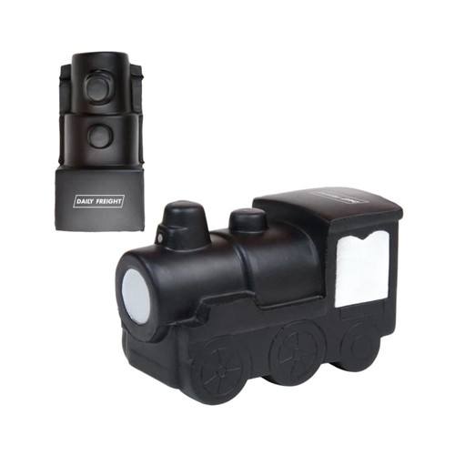 A black locomotive-shaped stress reliever with a logo, featuring detailed design elements and a soft texture.