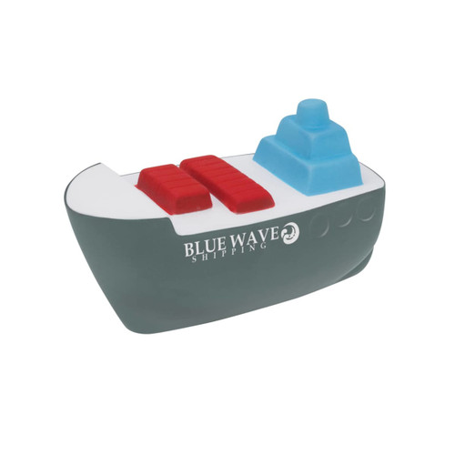 A stress reliever designed as a container ship, featuring grey, red, and blue elements, with a logo on it.