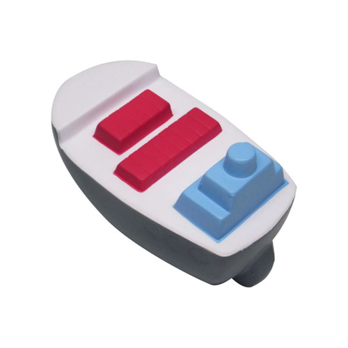 A container ship-shaped stress reliever in grey, white, blue, and red colours, featuring a logo on its side.