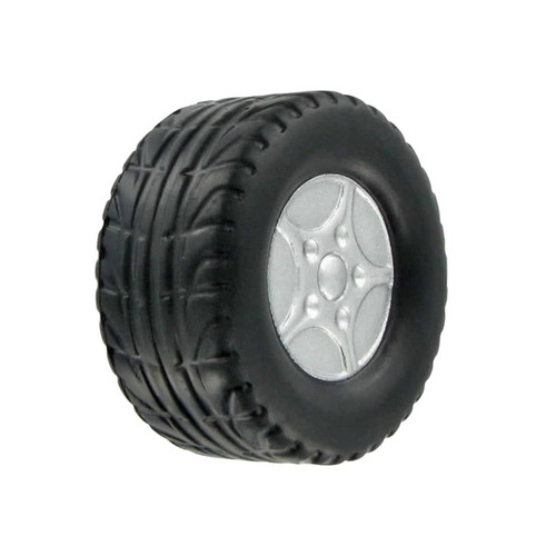 A black tyre-shaped stress reliever with a silver wheel rim, featuring detailed tread design.