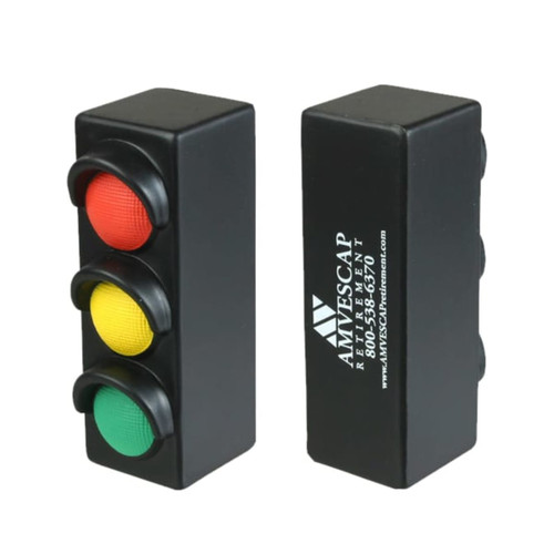 A traffic light shape stress reliever with red, yellow, and green buttons, featuring a logo on one side.