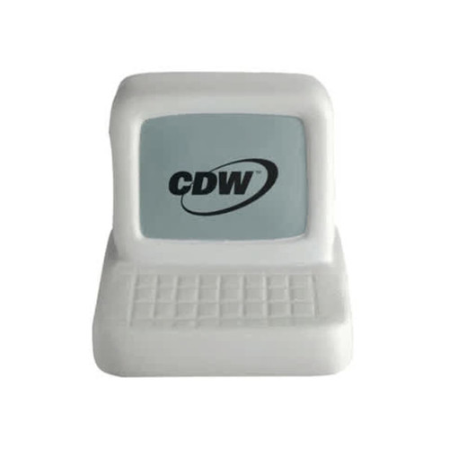 A white computer-shaped stress reliever featuring a branding logo on the screen and keyboard design.