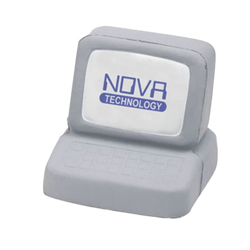 A grey computer-shaped stress reliever with a logo on the screen and a textured keyboard design.