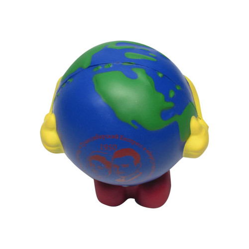 A cartoon-style stress ball in the shape of Earth, featuring blue oceans, green landmasses, and yellow arms.