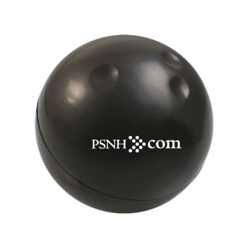 A black bowling ball shape stress reliever featuring a logo. Ideal for fun and stress relief.