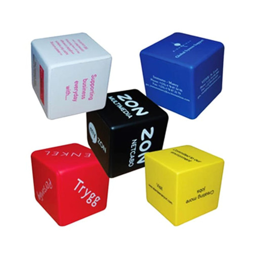 A collection of cube-shaped stress relievers in black, blue, red, yellow, and white, featuring various logos and text.
