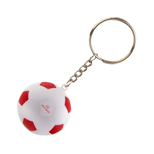 A keyring featuring a small white football stress reliever with red accents, attached to a metal chain.