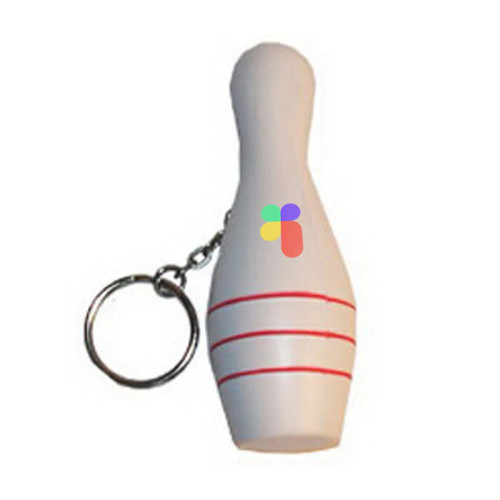 A white bowling pin stress reliever keyring with red stripes and a circular logo.