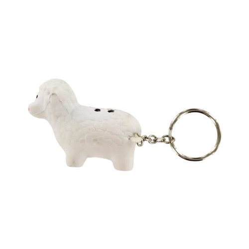 A white sheep stress reliever keyring featuring a textured design and attached metal keychain.