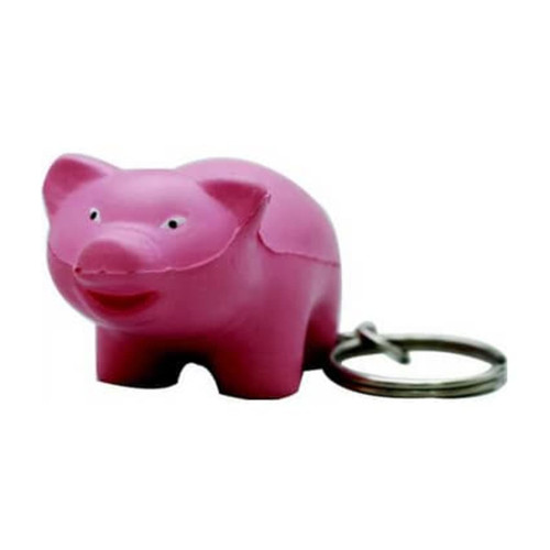 A pink mini pig stress item attached to a keyring, featuring a smiling expression and a metal keyring.
