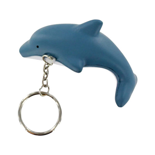 A blue dolphin-shaped keyring stress reliever with a metal keyring attachment. It has a smooth, solid finish.