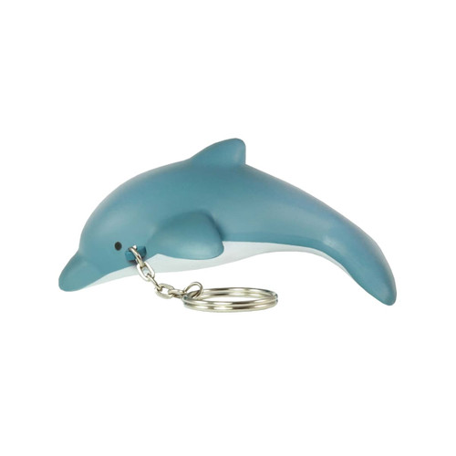 A teal dolphin-shaped stress reliever with a keyring attached. Features a smooth, contoured design.