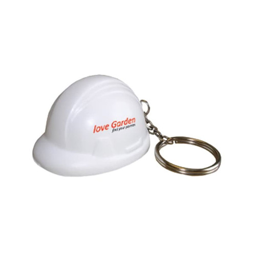 A white helmet-shaped stress reliever attached to a metal keyring, featuring a logo.