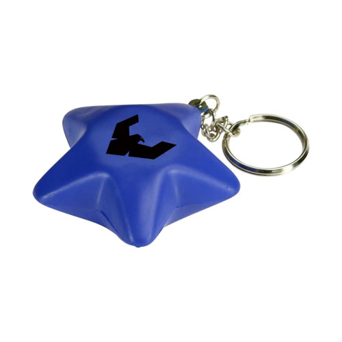 A blue star-shaped stress reliever keyring with a silver keyring attachment and a logo.