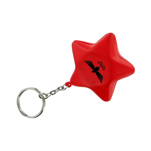 A red star-shaped stress reliever attached to a metal keyring, featuring a logo on its surface.