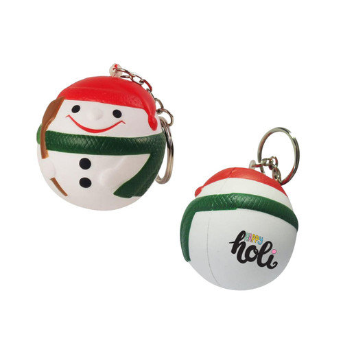 A white keyring featuring a snowman design with a red hat, green scarf, and a smile, adorned with a logo.