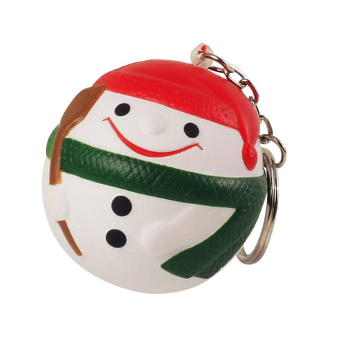 A snowman-shaped stress item in white with a red hat and green scarf, attached to a keyring.
