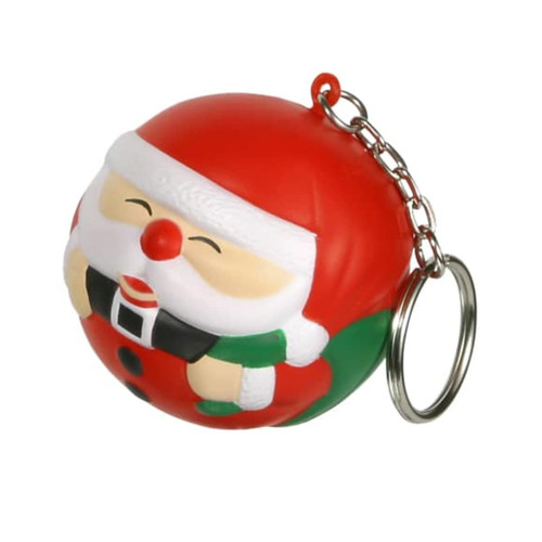 A red and green Santa-shaped stress reliever keyring with a smiling face and a metal chain attached.
