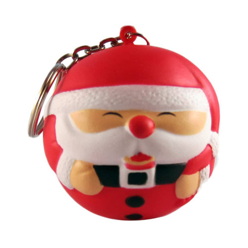 A red and white Santa figure keyring stress reliever with a smiling face and raised details, featuring a metal keyring attachment.