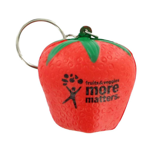 A red strawberry-shaped stress reliever attached to a metal keyring with a logo.