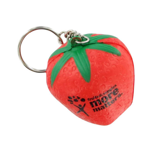 A red strawberry-shaped stress reliever attached to a keyring, featuring a small logo on its surface.