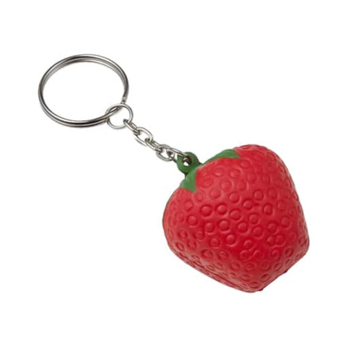 A red strawberry-shaped stress reliever attached to a silver keyring, featuring textured detailing and a green stem.