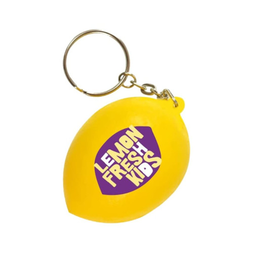 A yellow keyring shaped like a lemon, featuring a logo and attached to a metal chain.