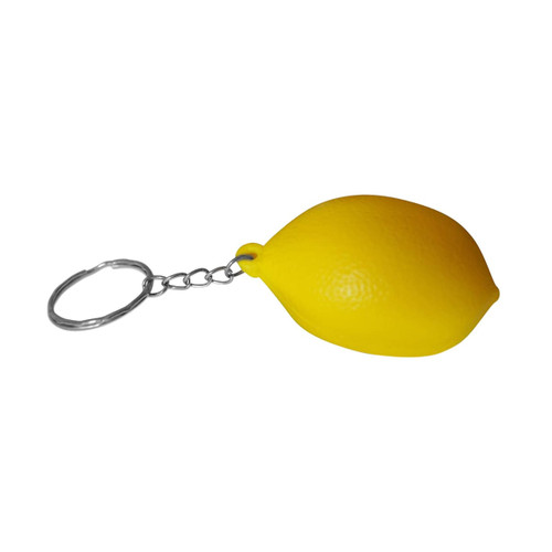 A yellow lemon-shaped stress reliever attached to a silver keyring, featuring a simple design.