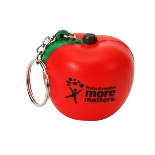 A red apple-shaped stress reliever with a keyring attachment and a logo on one side.