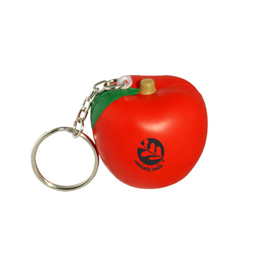 A red apple stress reliever keyring with a green leaf and a silver keychain. It features a logo on one side.