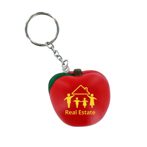 A red apple-shaped stress reliever keyring with a green leaf and a keychain attachment. It features a logo.