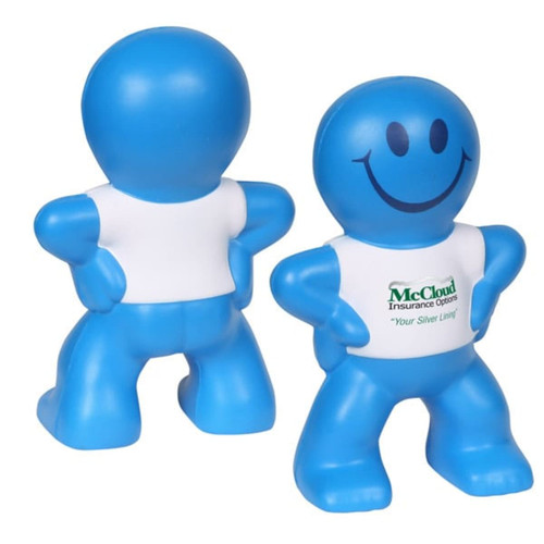 A blue stress reliever in the shape of a smiling cartoon figure with a white shirt featuring a logo.