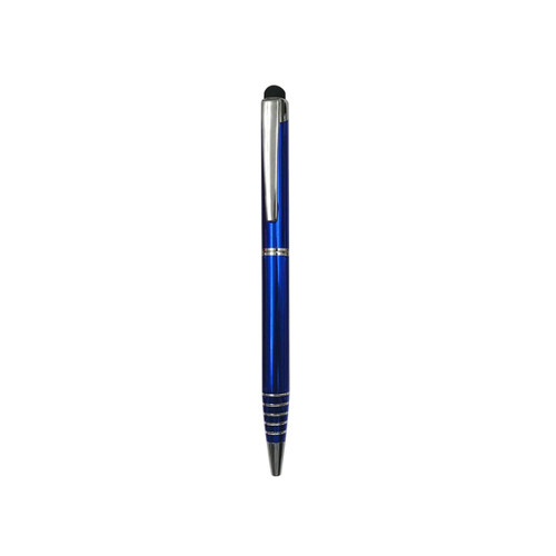 A blue aluminium ball pen with a stylus tip and a metallic finish. The pen features a logo on the body.