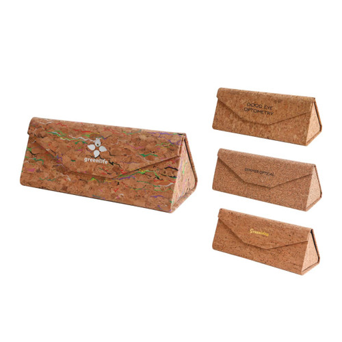 A foldable cork glasses case in natural cork colour, featuring a logo, alongside two smaller similar cases.