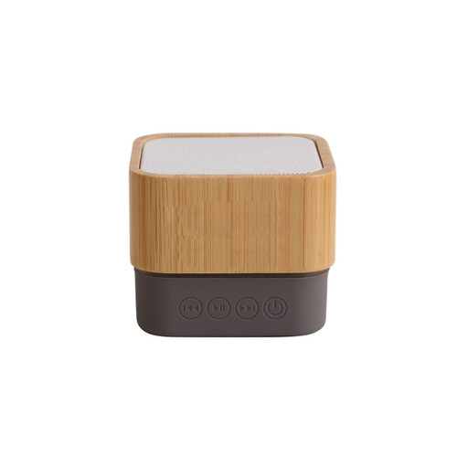 A bamboo Bluetooth wireless speaker featuring a textured wooden exterior and a dark control base.