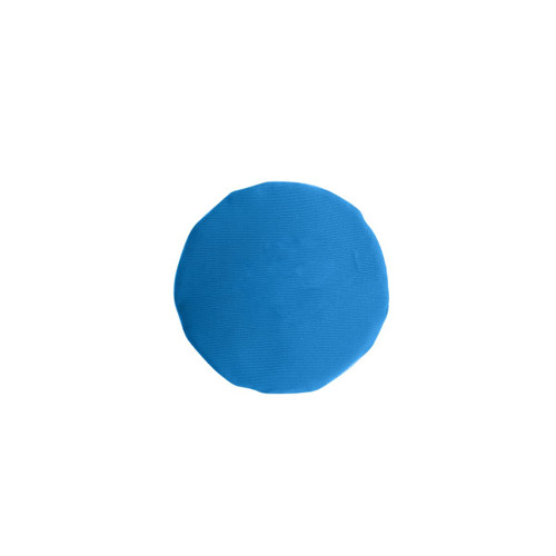 A blue circular disc with a smooth surface and a rounded edge, featuring a logo on display.