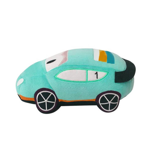 A plush toy in the shape of a teal car with colourful accents and a logo on the side.