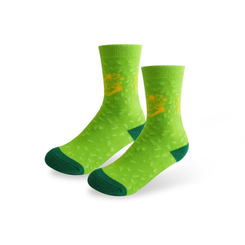 Bright green crew socks with a textured pattern and contrasting dark green toe and cuff, featuring a logo.