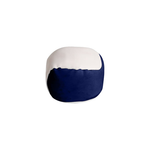 A navy and white hacky sack with a smooth surface and rounded shape, featuring a logo on one side.