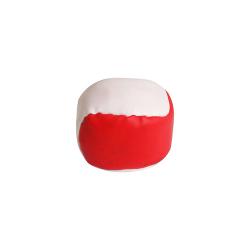 A red and white Hacky Sack with a smooth, rounded design and a glossy finish. It features a logo.