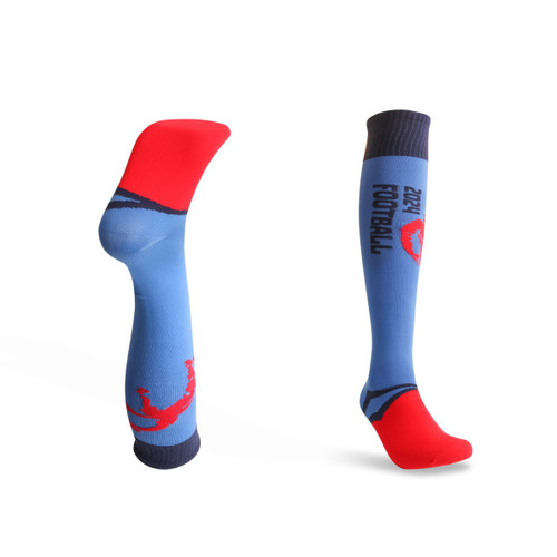 Knee high football socks featuring a blue design with red accents and logo, ideal for sports uniforms.