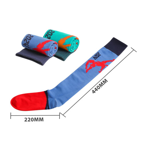 Knee high football socks in blue and red, with rolled pairs in teal and dark green. Includes a branding logo.