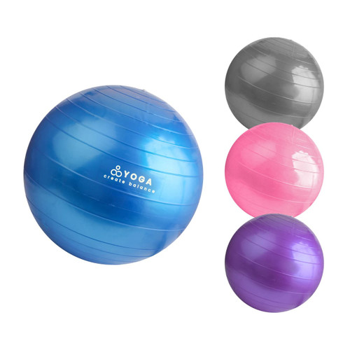 A PVC yoga ball set featuring blue, grey, pink, and purple colours, with a logo on the blue ball.